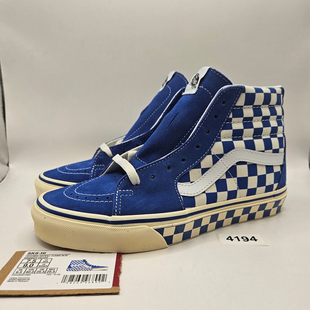 VANS WOMEN'S 9.5 SK8-HI CHECKERBOARD SIDEWALL CLASSIC BLUE SKATEBOARD NWOB